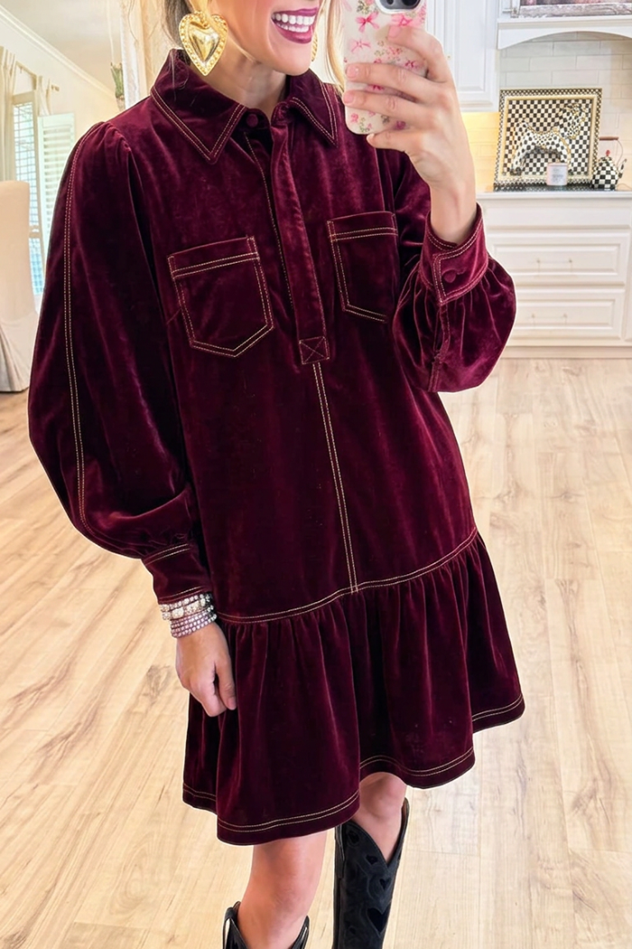 Burgundy Velvet Collared Contrast Stitching Pockets Dress