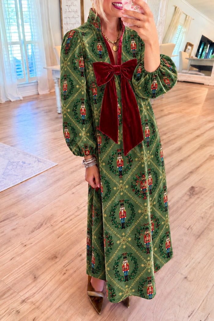 Green Nutcracker Velvet Bow Maxi Dress