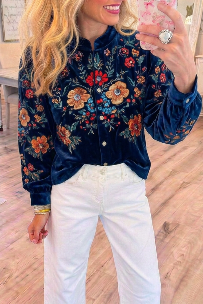 Navy Velvet Colorful Floral Long Sleeve Top