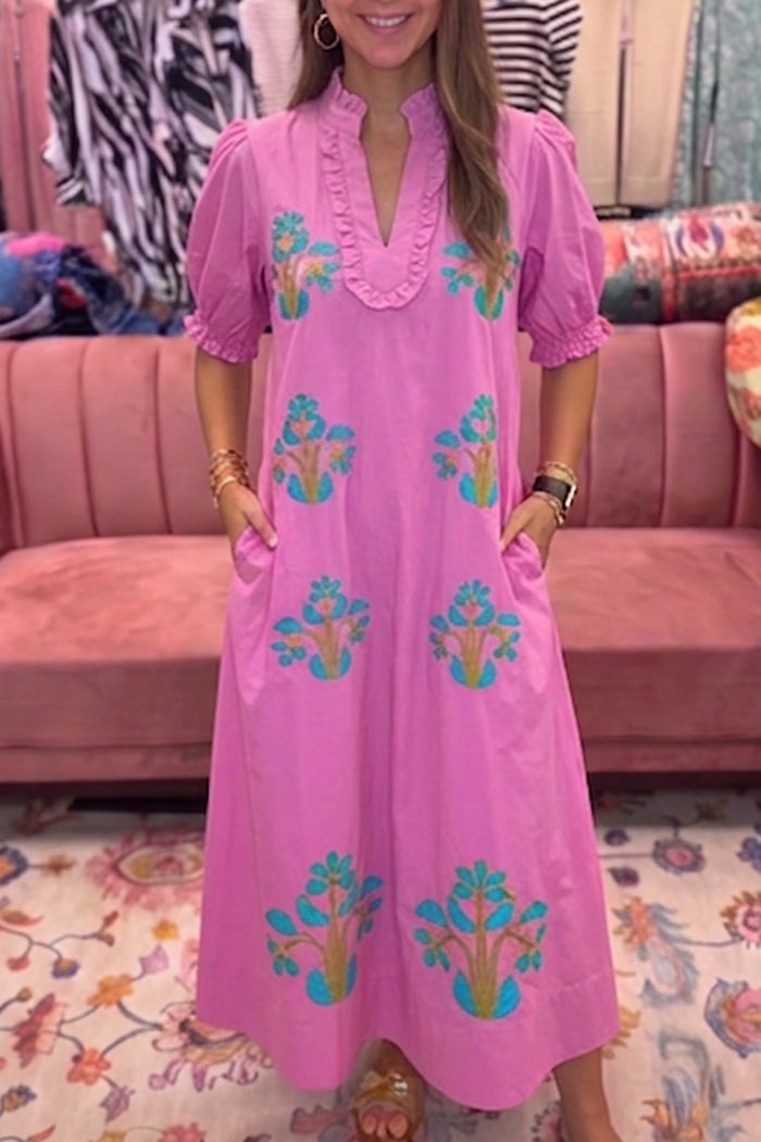 Pink Floral Puff Sleeve Pocket Dress