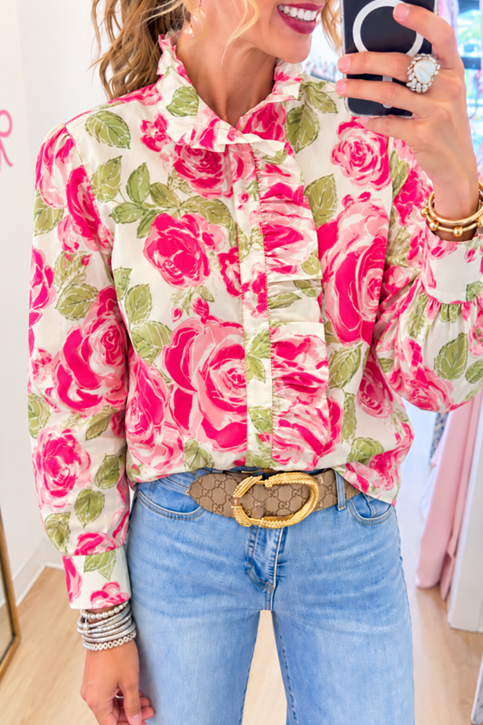 Pink Rose Floral Ruffle Bow Balloon Sleeve Top