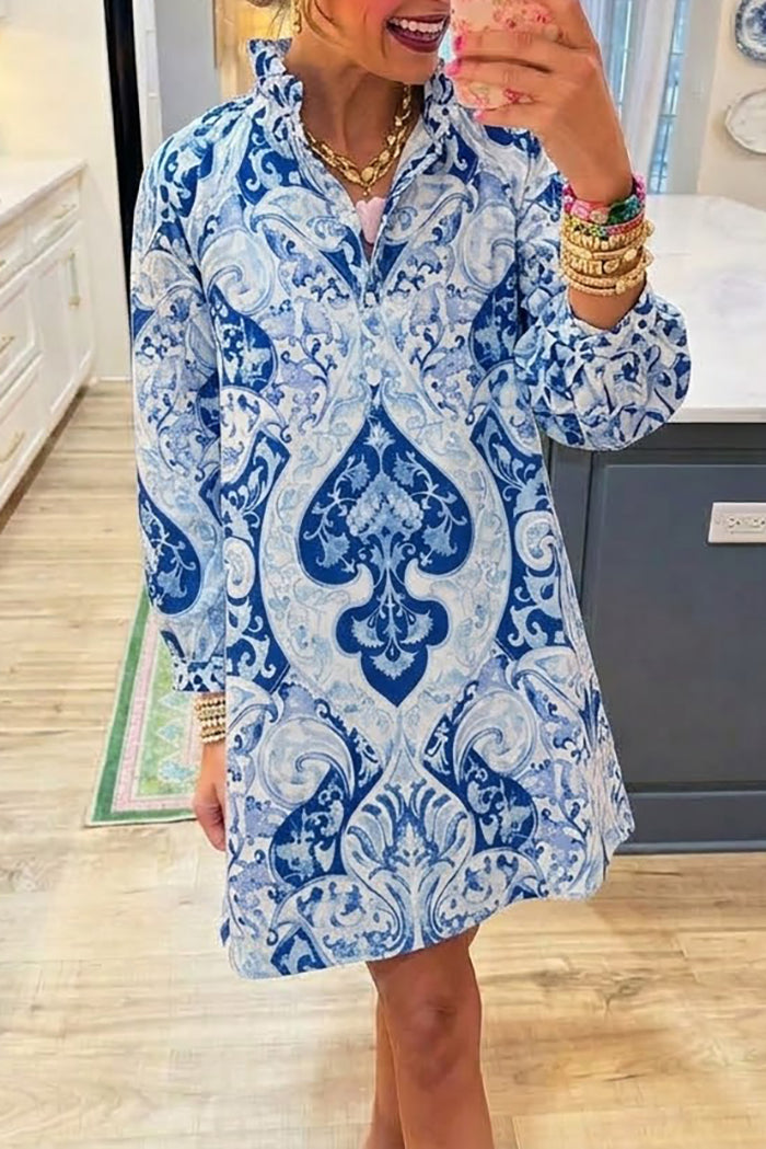 Ruffle Collar Printed Shirt Dress
