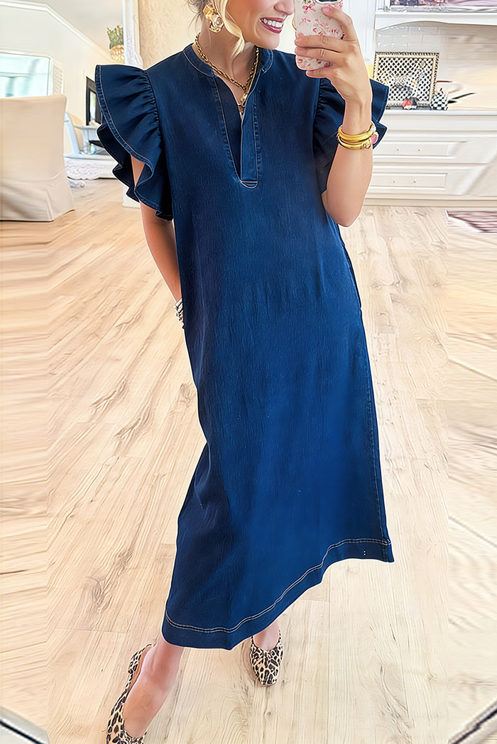 Split Neck Ruffle Sleeve Pocket Denim Maxi Dress