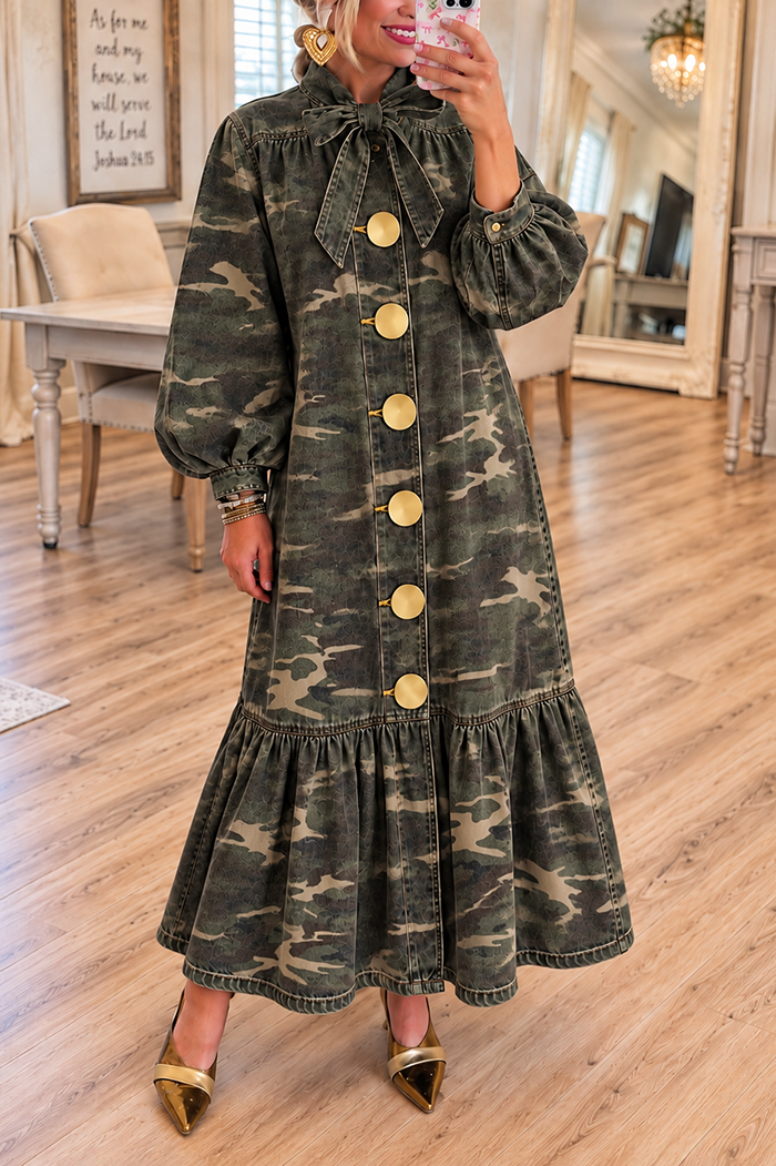 Bow Tie Camo Pocket Denim Maxi Dress