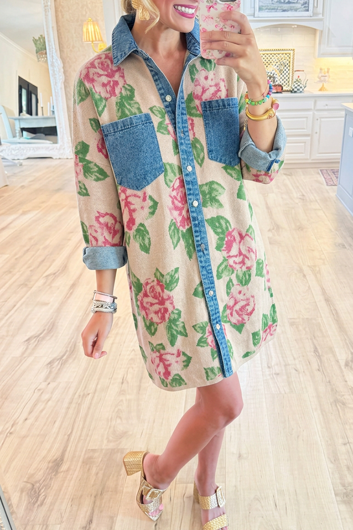 Floral Denim Contrast Button Placket Chest Pockets Shirt Dress