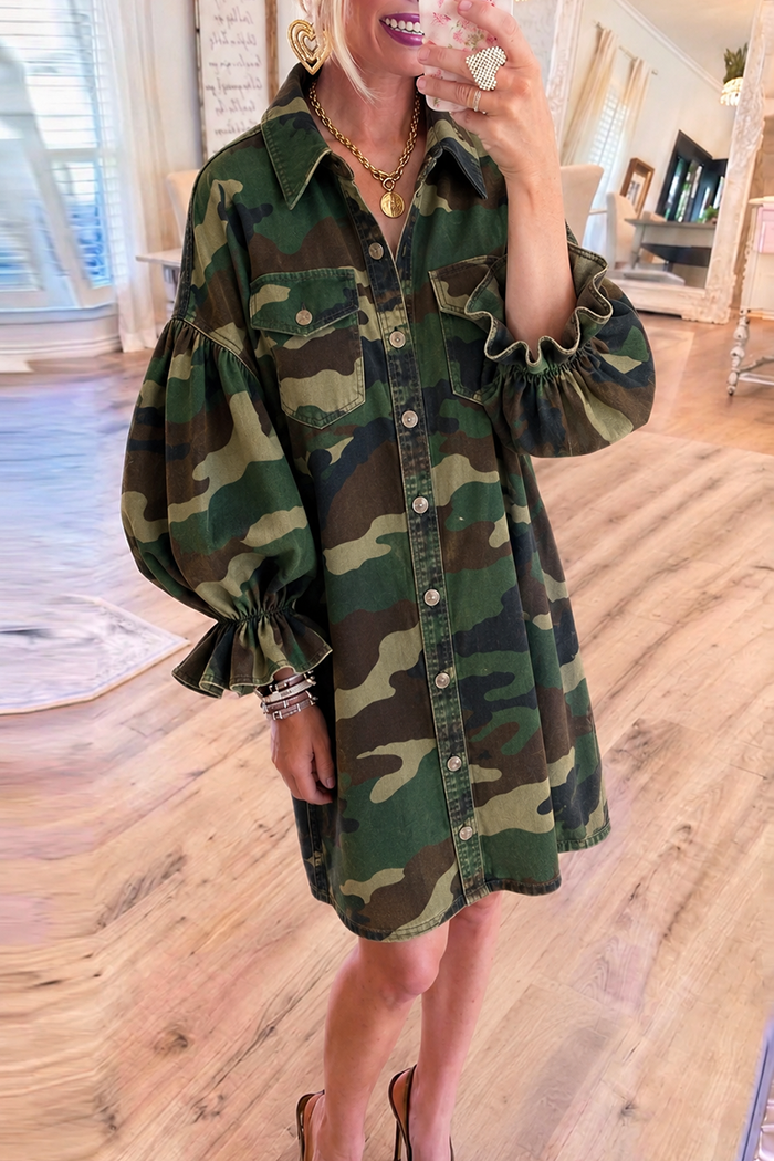 Camo Denim Ruffle Cuff Shirt Dress