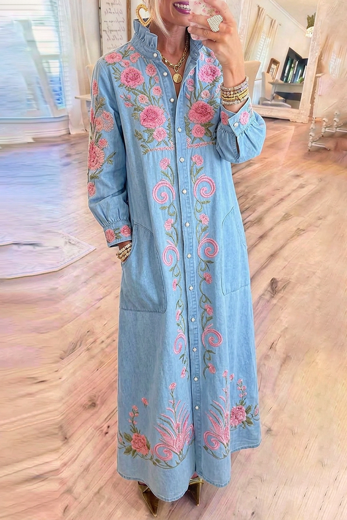 Light Blue Denim Ruffle Collar Embroidered Pocket Maxi Dress