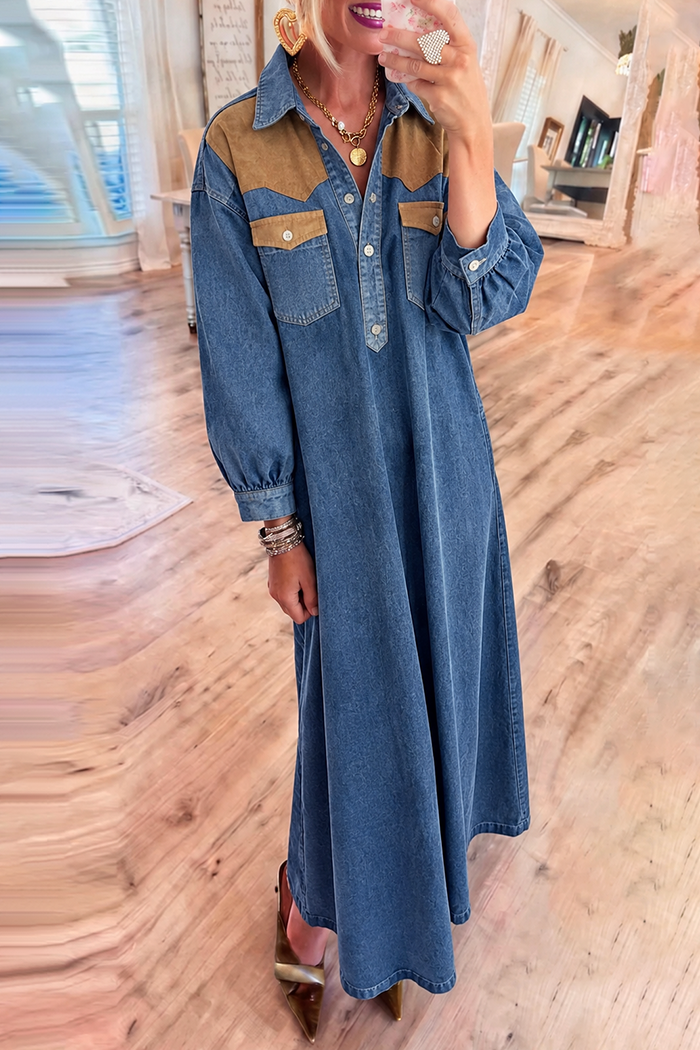 Suede Yoke Denim Pockets Maxi Dress