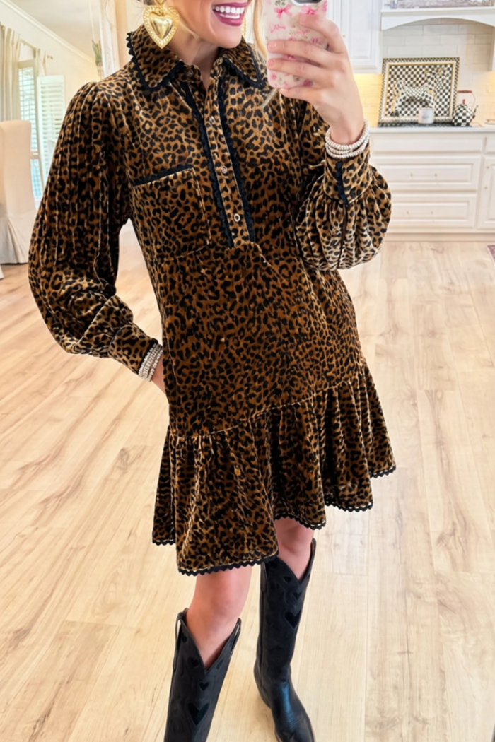 Brown Velvet Leopard Print Collared Half‑Button Ruffle Hem Dress
