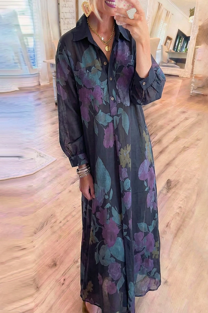 Navy Floral Collared Partial Button Maxi Dress