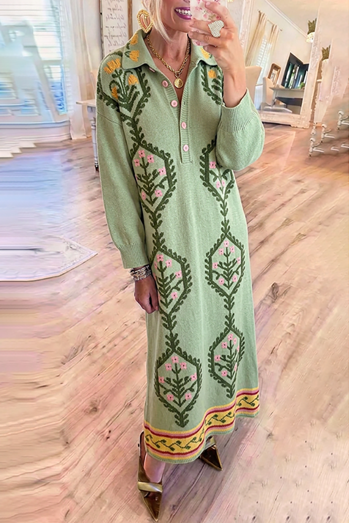 Green Collared Knit Jacquard Floral Pockets Maxi Dress