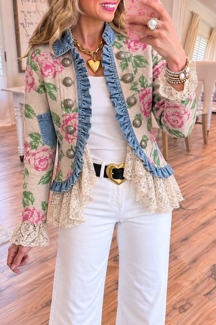 Beige Floral Denim Ruffle Lace Jacket