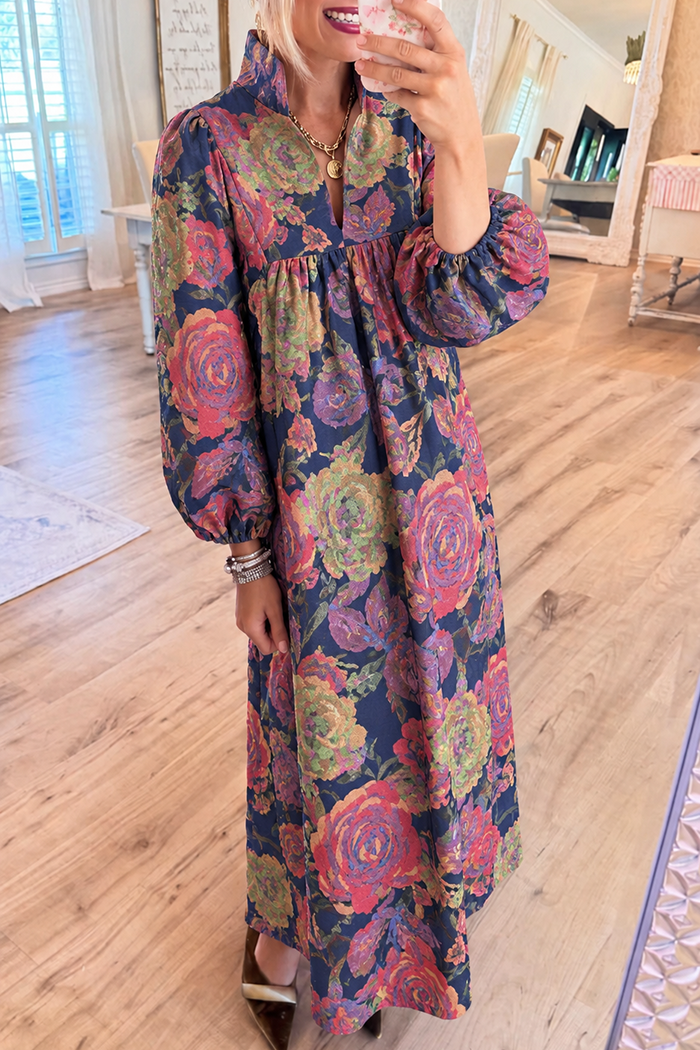 Navy Vintage Floral Stand Collar Long Sleeve Maxi Dress
