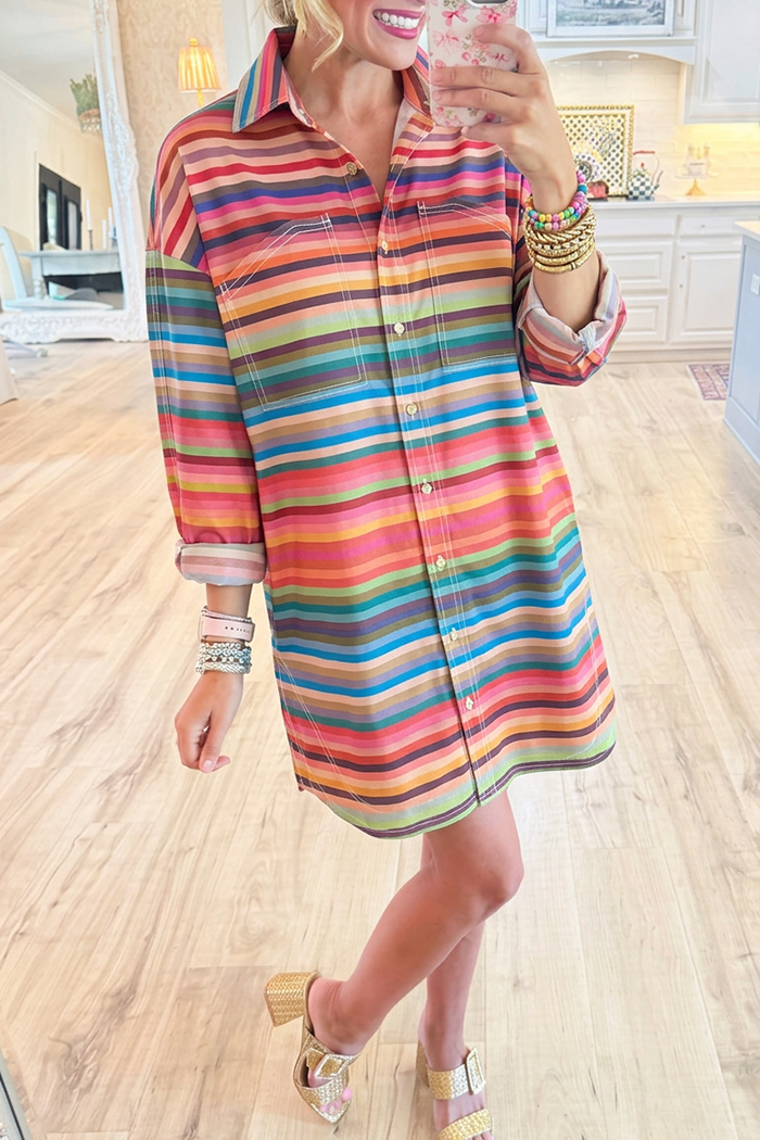 Rainbow Stripe Collared Button Chest Pockets Shirt Dress