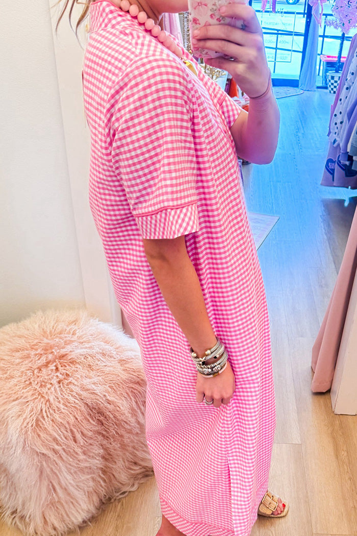 Pink Gingham Pocket Contrast Trim Dress