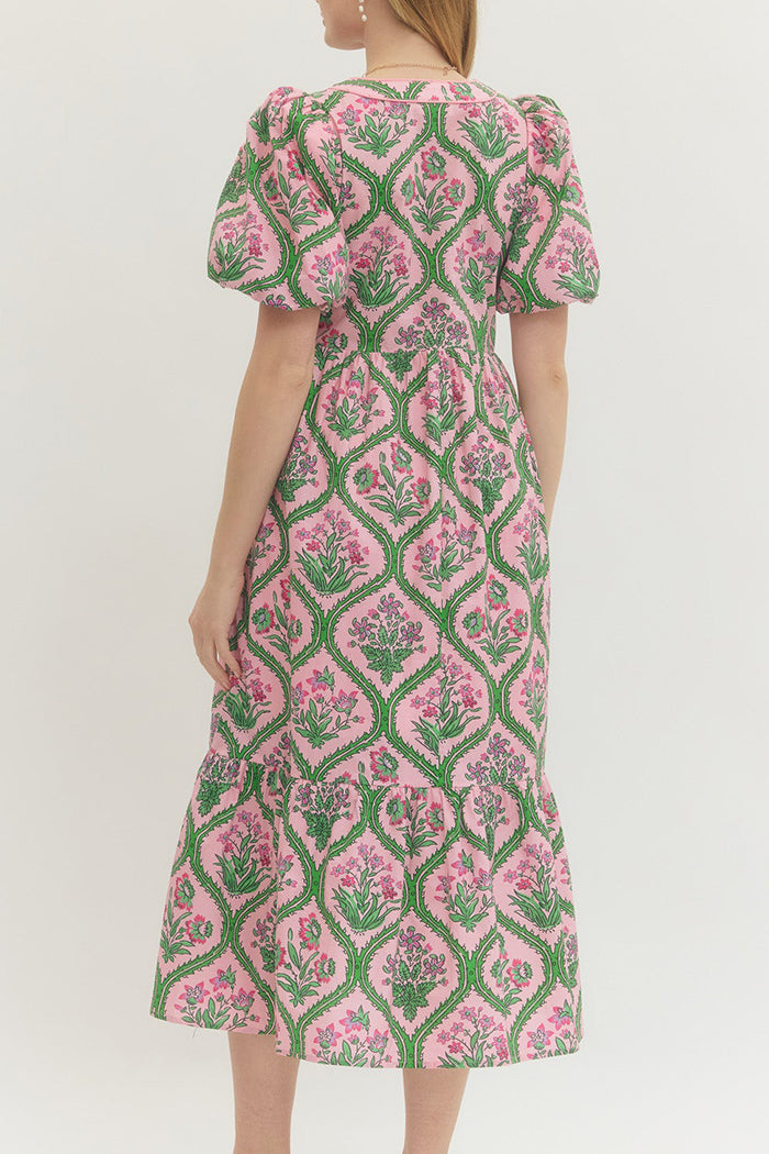 Floral Puff Sleeve Tiered Pocket Midi Dress