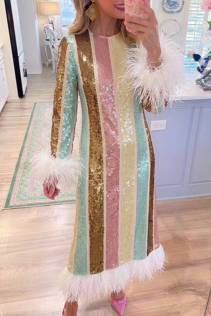 Sequin Stripe Pocket Feather Trim Dress
