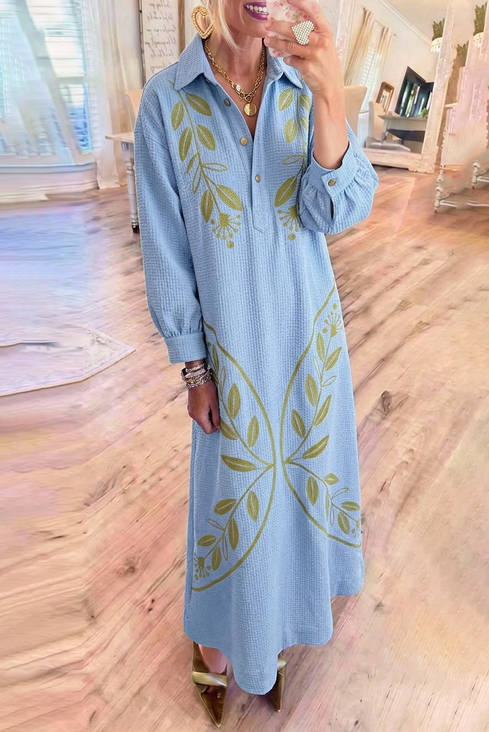 Blue Waffle Leaf Embroidered Pocket Maxi Dress