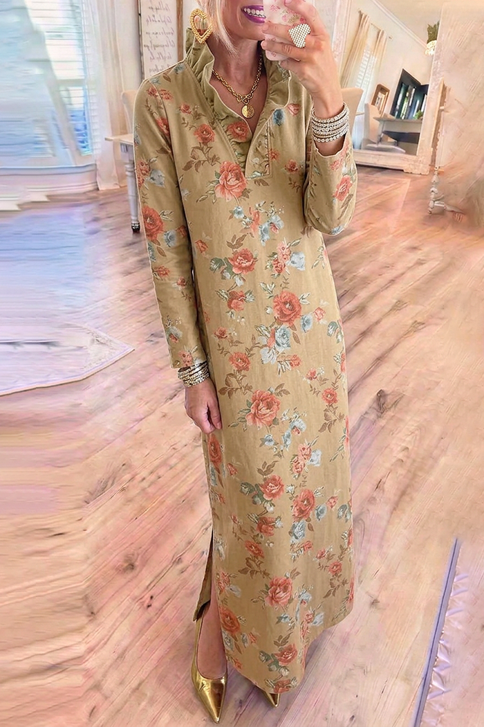 Tan Denim Floral Ruffle Collar Side Slit Maxi Dress