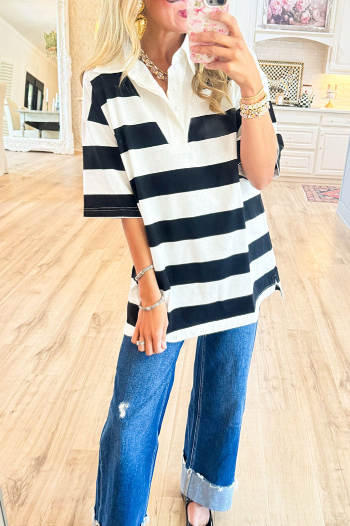 Stripe Short Sleeves Polo Tunic