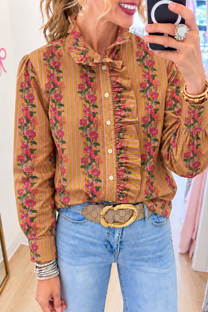 Mustard Floral Stripe Ruffle Shirt Top