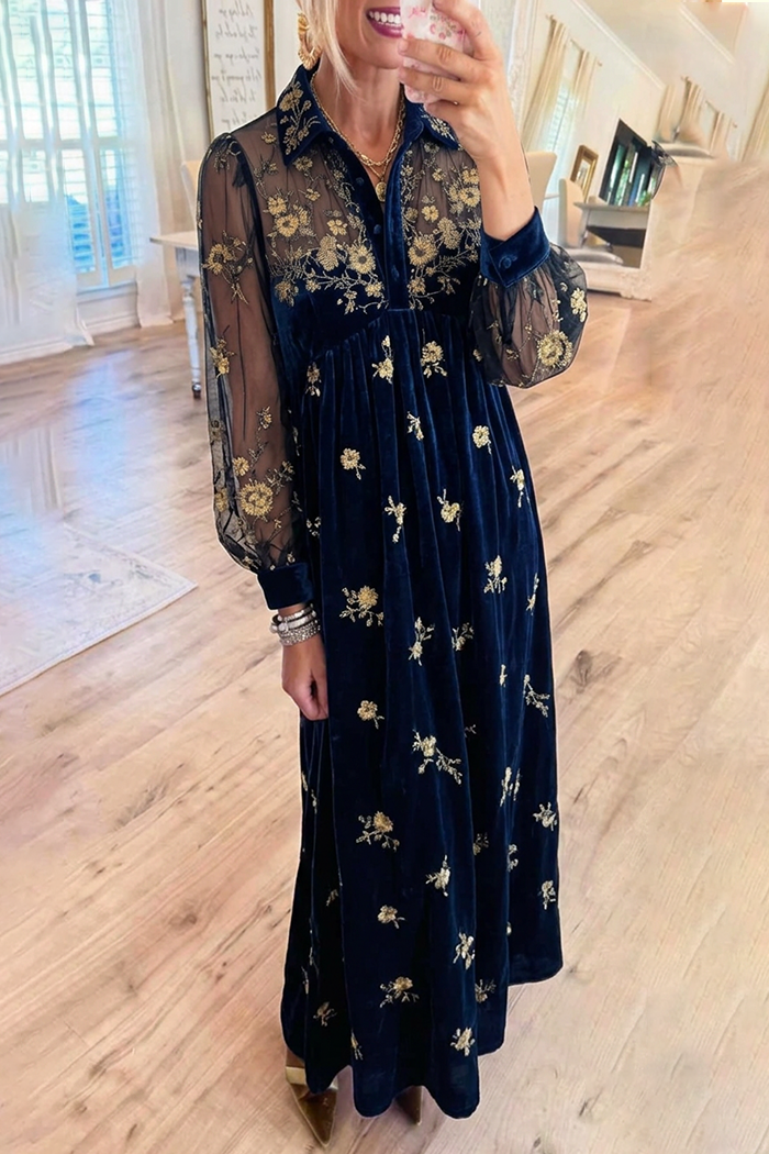Navy Blue Velvet Half Button Sheer Mesh Sleeve Gold Floral Maxi Dress
