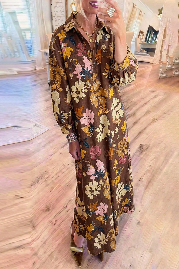 Brown Floral Shirt Collar Puff Sleeve Pockets Maxi Dress