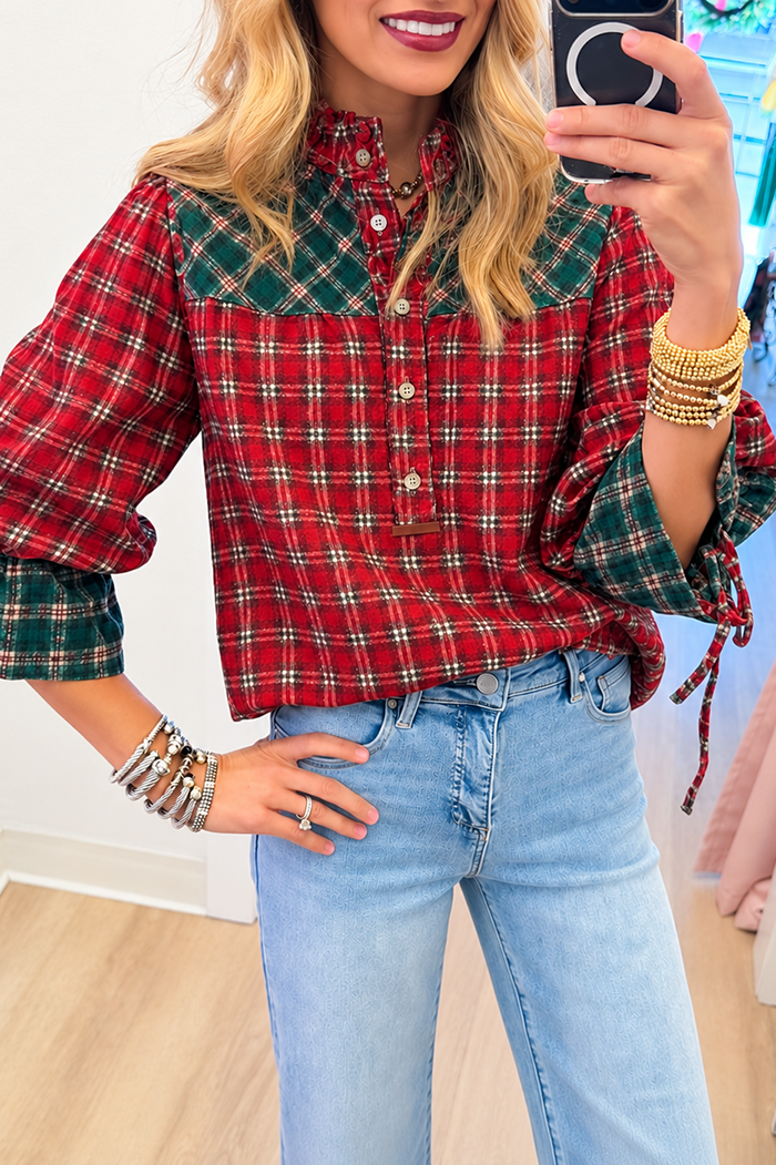 Casual Plaid Long Puff Sleeve Top