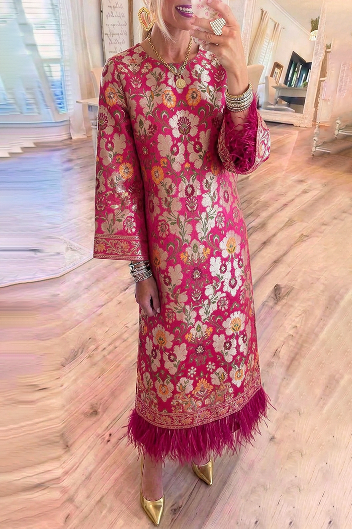 Floral Jacquard Round Neck Feather Hem Pockets Maxi Dress