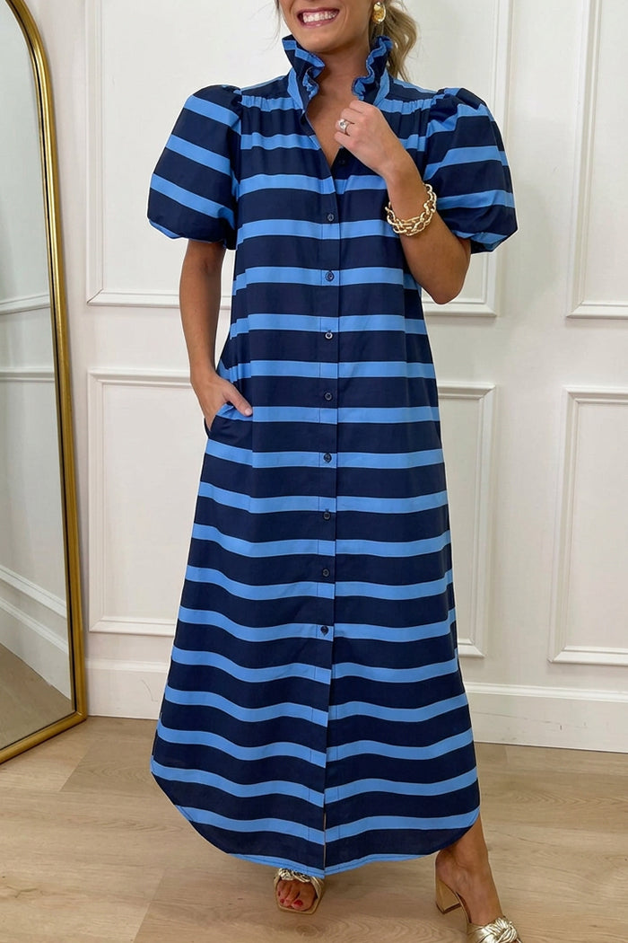 Stripe Ruffle Collar Shirt Maxi Dress
