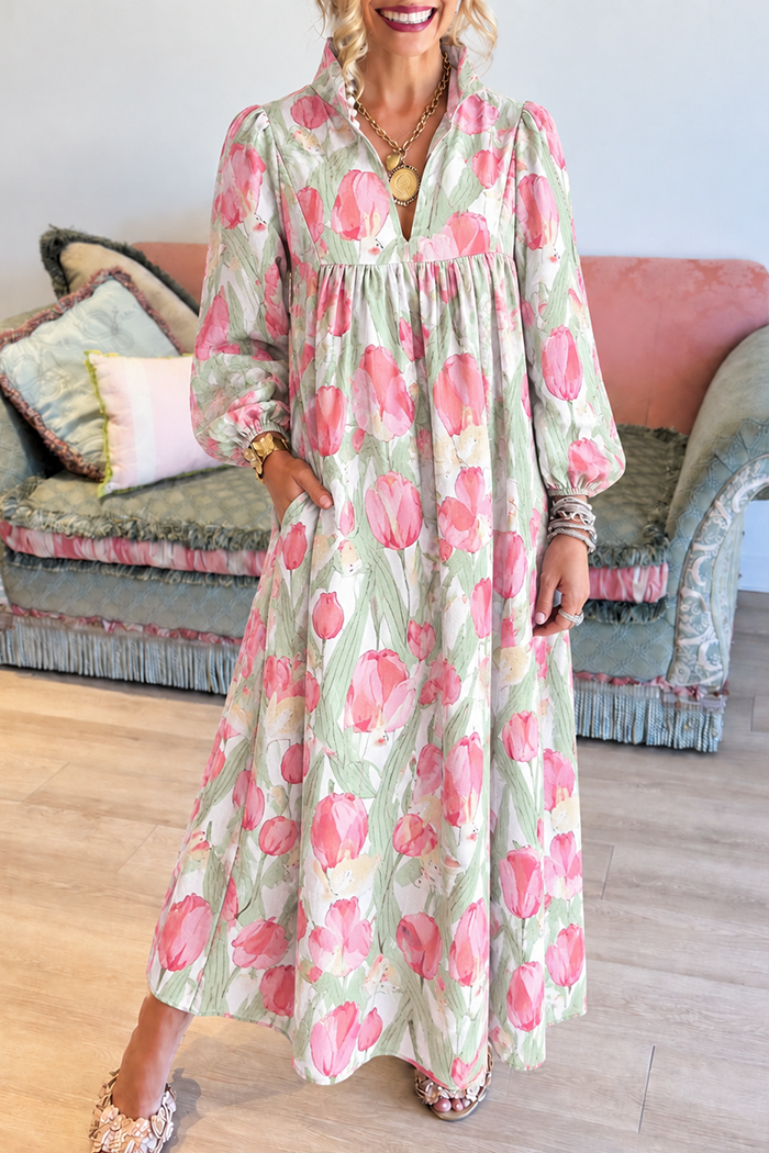 Tulip Floral Stand Collar Pockets Maxi Dress