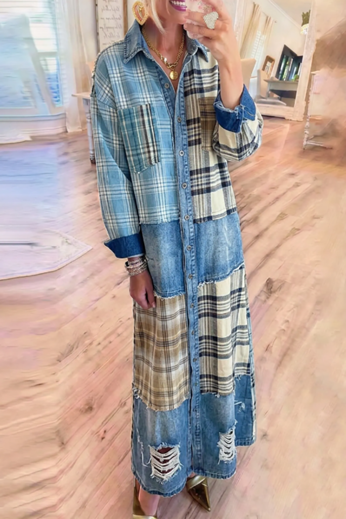 Casual Plaid Patchwork Denim Dress
