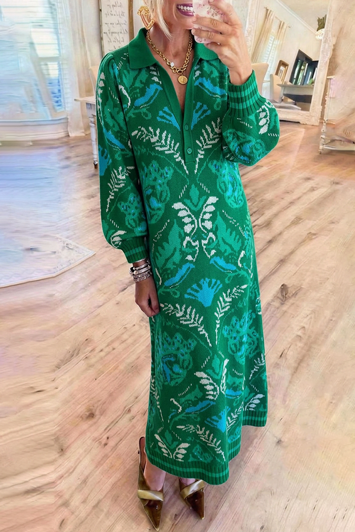 Multi Botanical Jacquard Collared Half Button Knit Maxi Dress