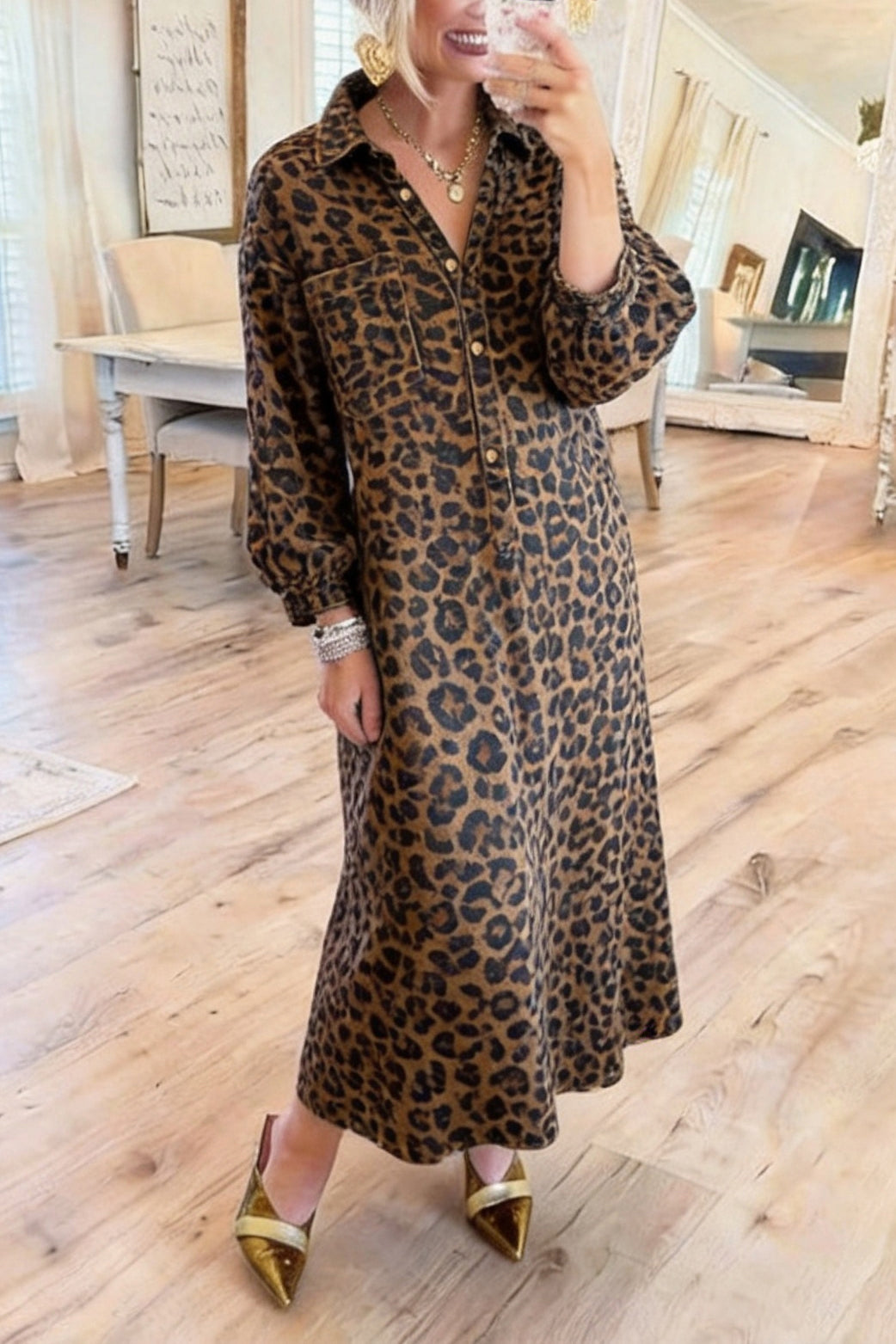 Leopard Long Sleeve Denim Dress