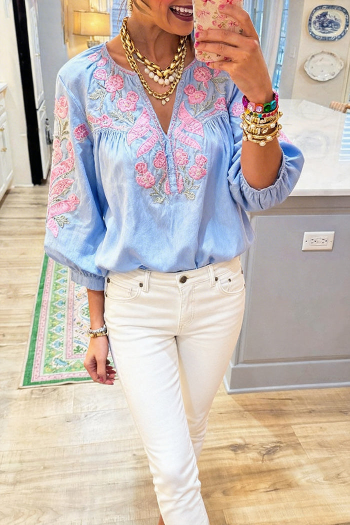 Embroidered Floral Puff Sleeve Top