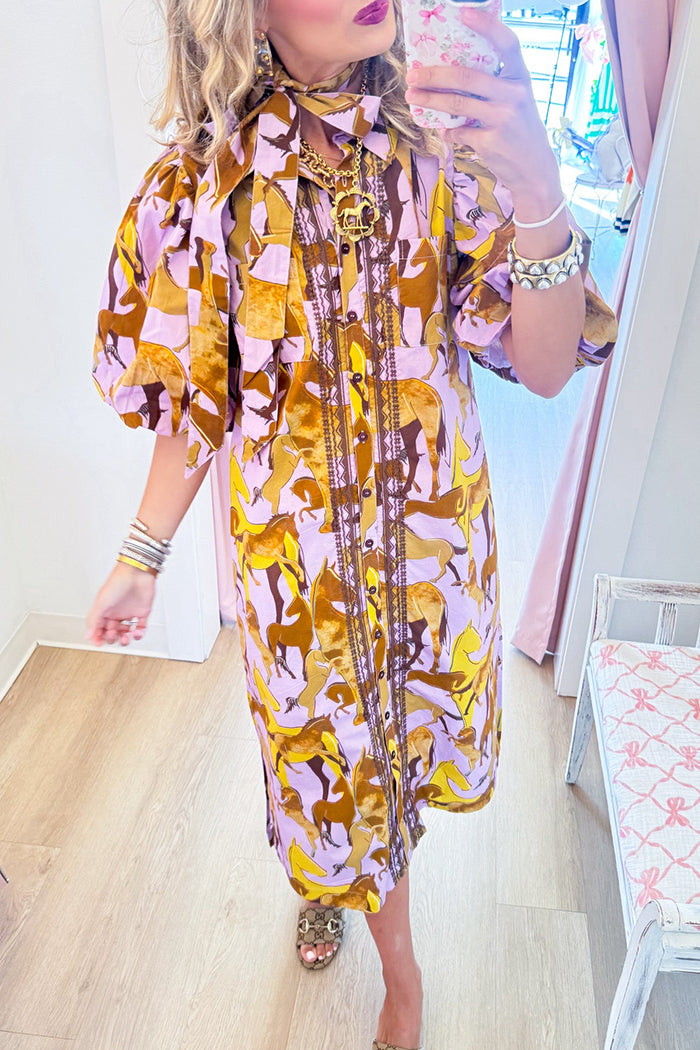 Lavender Horse Print Midi Dress