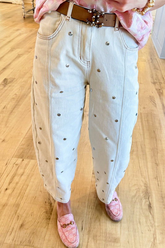 High Waisted Studded Barrel Jeans