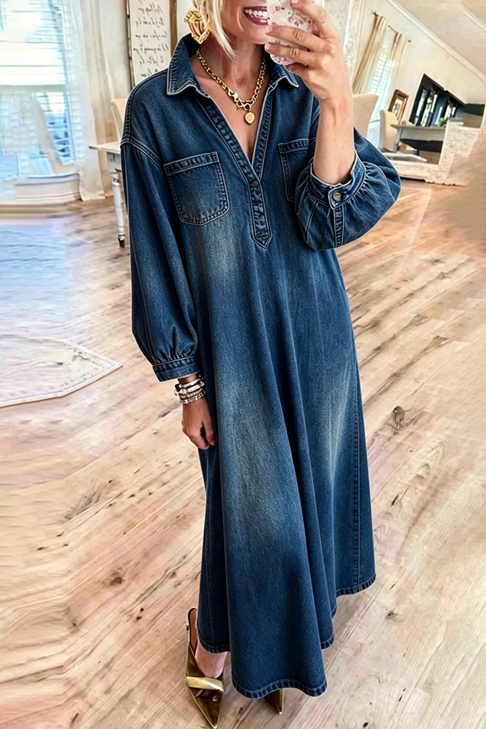 Puff Sleeve Half Button Denim Maxi Dress