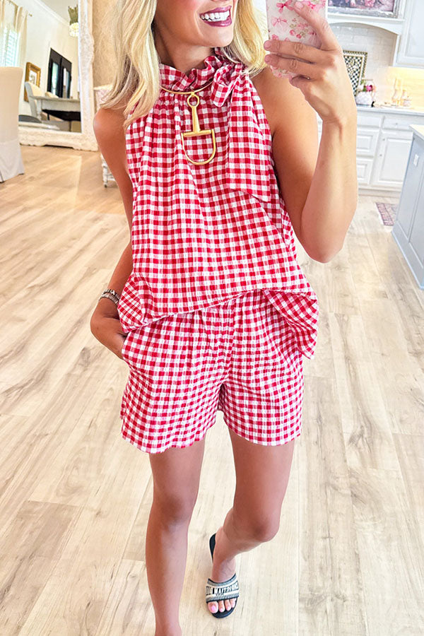 Casual Checkered Sleeveless Short Set