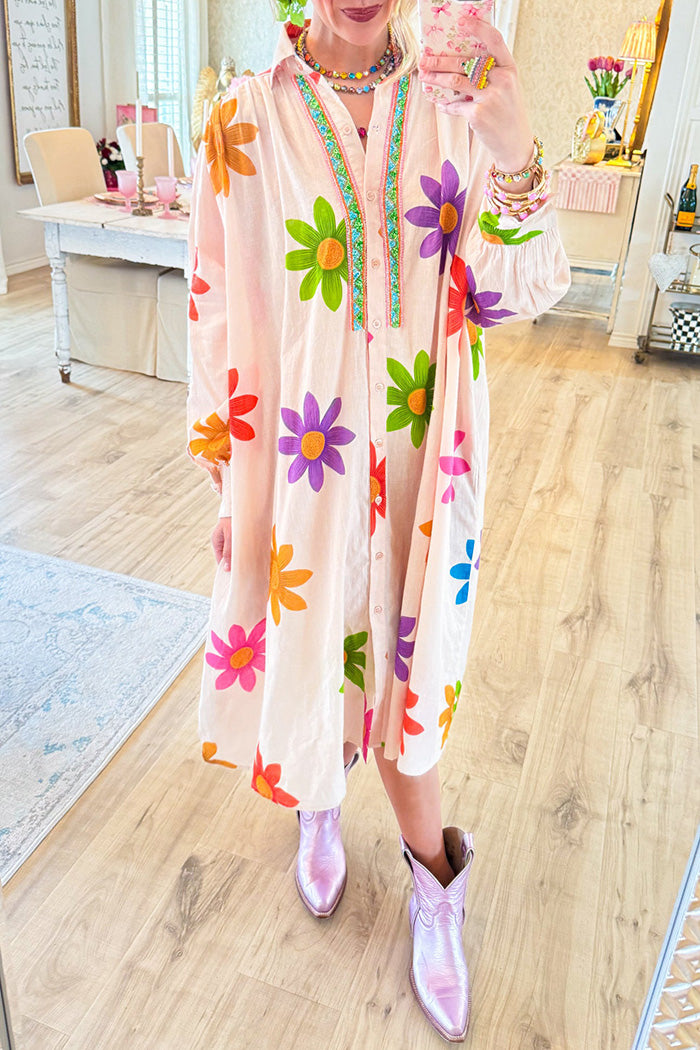 Multi Flower Print Long Sleeves Dress