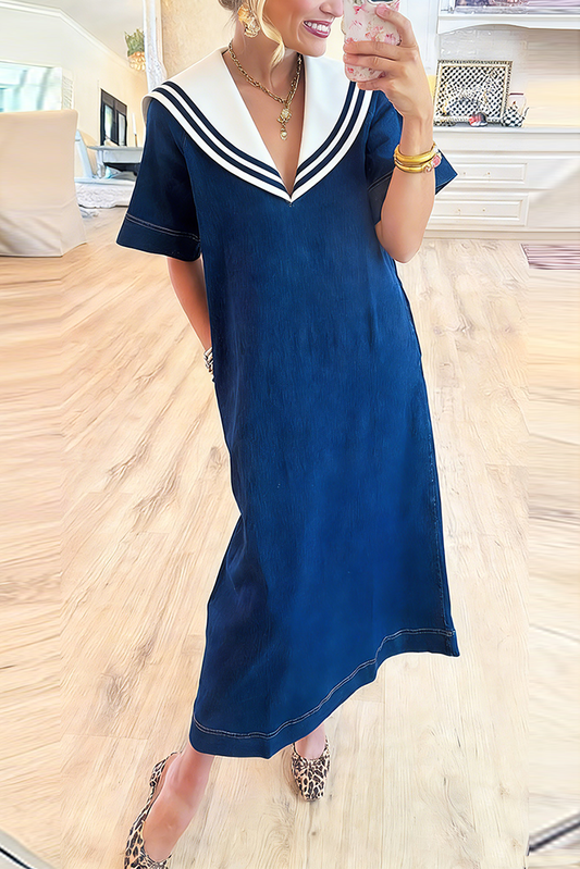 Sailor Collar Pocket Denim Maxi Dress