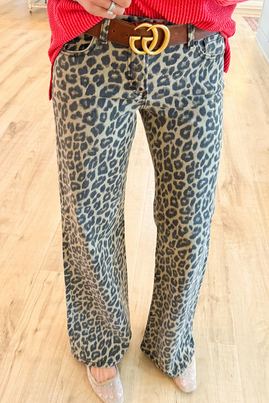 Coffee Leopard Wide Leg Jeans