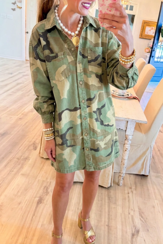 Collared Chest Pocket Button Front Camo Shirt Dress