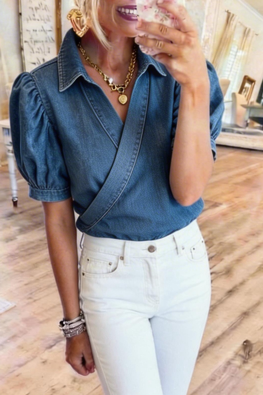 Puff Sleeve Wrap Front Denim Top
