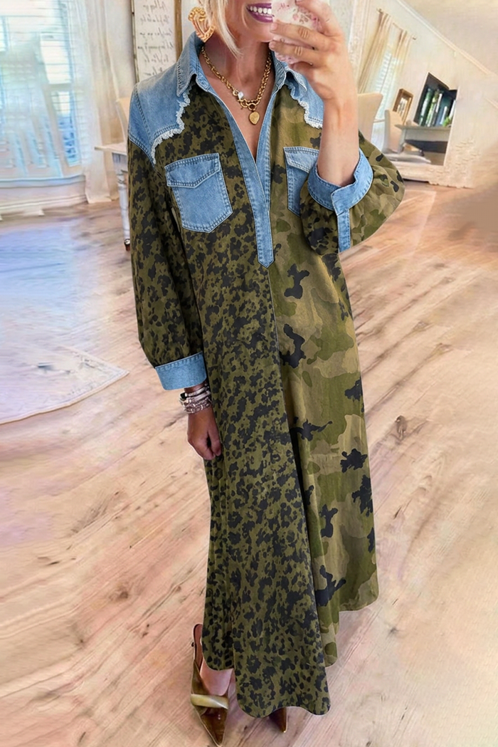 Leopard Patchwork Frayed Edge Shirt Collar Pocket Maxi Dress