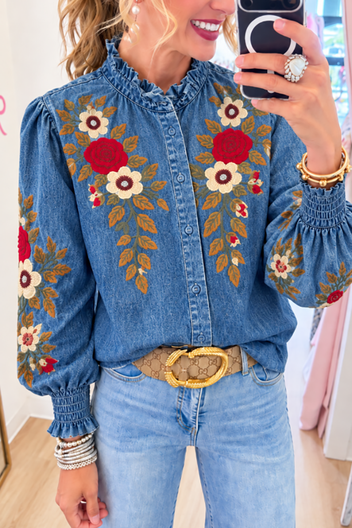 Ruffle Collar Floral Embroidered Denim Top
