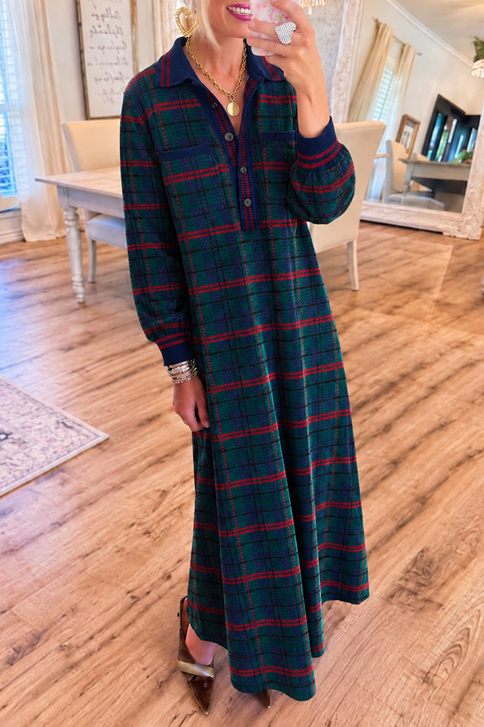 Knitted Forest Green Plaid Pocket Maxi Dress