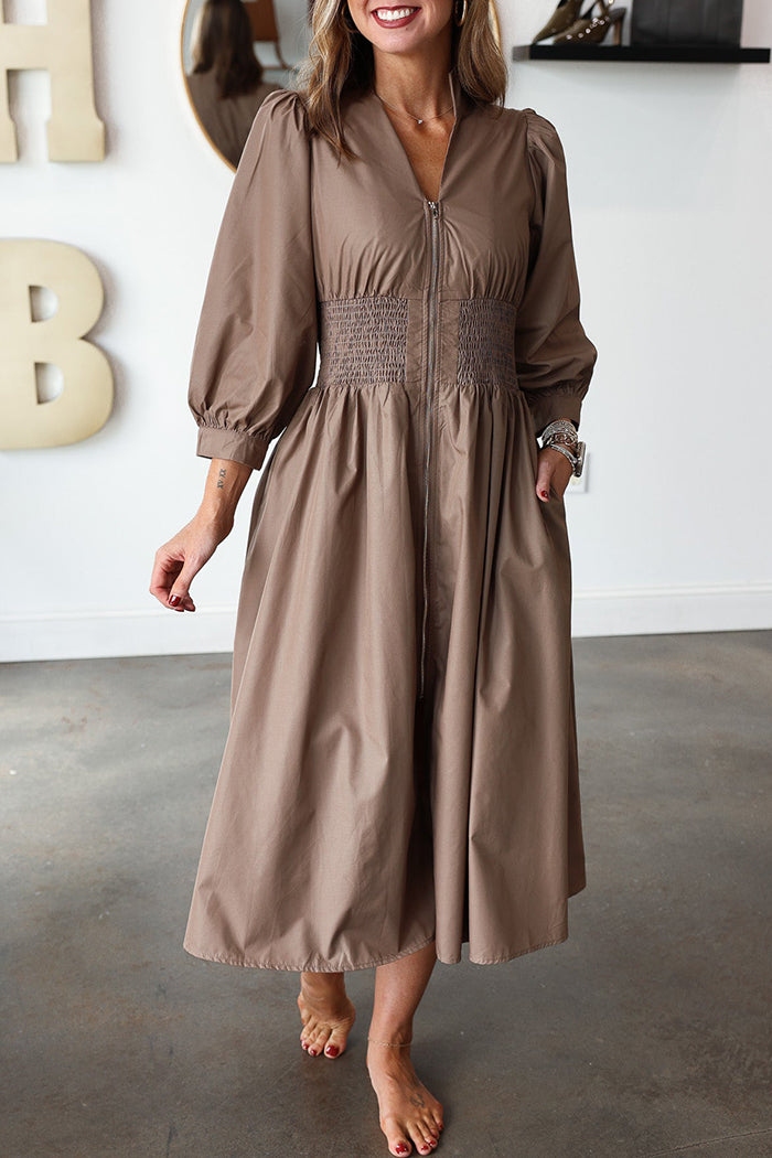 Smocked Waist Front Zip Pocket Dress