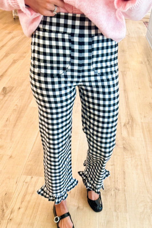 Black Gingham Straight Leg Ruffle Hem Pants