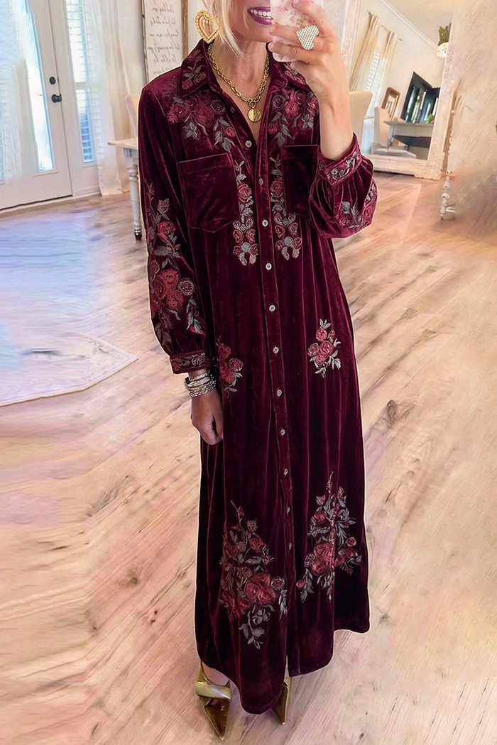 Burgundy Velvet Full Button Chest Pocket Floral Maxi Dress